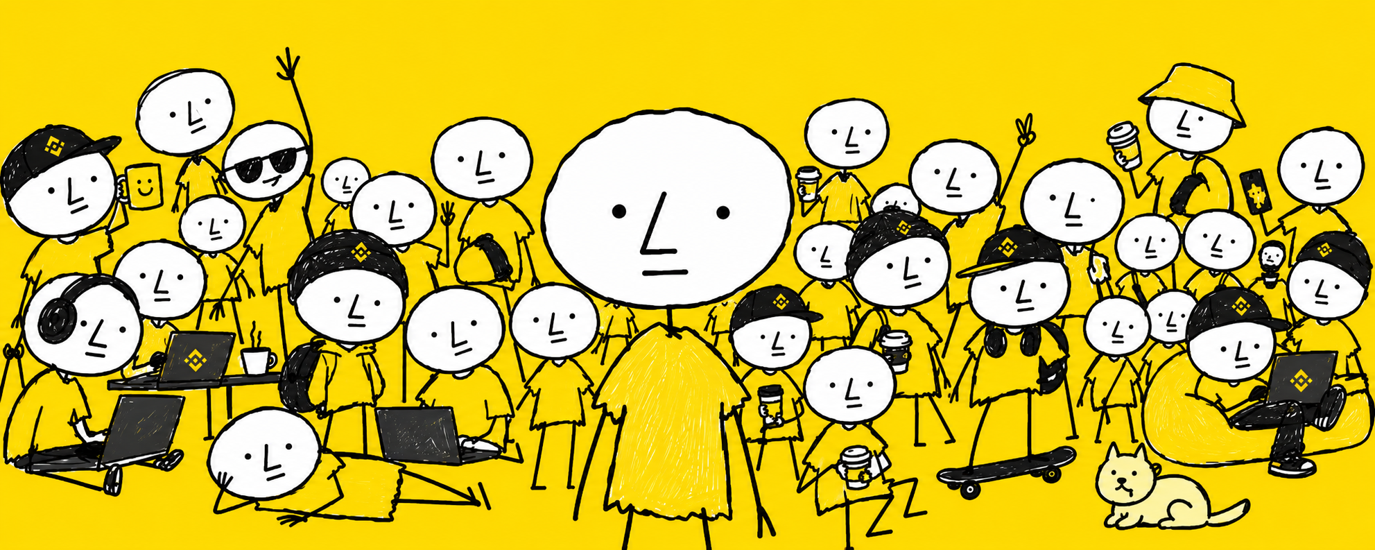 A hand-drawn crowd of Bormie characters on a Binance yellow background